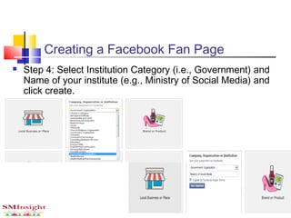  Step 4: Select Institution Category (i.e., Government) and
Name of your institute (e.g., Ministry of Social Media) and
click create.
Creating a Facebook Fan Page
 