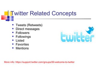  Tweets (Retweets)
 Direct messages
 Followers
 Followings
 Listed
 Favorites
 Mentions
More info: https://support.twitter.com/groups/50-welcome-to-twitter
Twitter Related Concepts
 