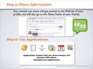Step 5: Share Information.

   Any content you share will get posted to the Wall tab of your
   proﬁle, and will also go to the News Feeds of your friends.




Step 6: Use Applications.



           Applications further help you share content and
                         interact with others
                     facebook.com/applications


                                            Social Media for Business |
 