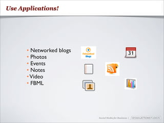 Use Applications!




      • Networked blogs
      • Photos
      • Events
      • Notes
      • Video
      • FBML




                          Social Media for Business |
 