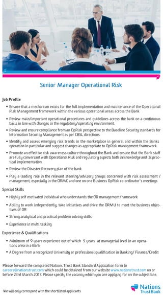 Vacancy for Senior Manager Operational Risk