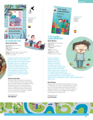 19
Serie Blanca
El vuelo de Lisa
Gloria Cecilia Diaz
Colección El Barco de Vapor
serie Blanca
ISBN 978-958-780-066-1
56 páginas
temas: amor filial,culpa, miedo, rebeldía.
valores: Autosuperación, perdón,
resiliencia, valentía.
En algunas familias el peso del pasado
suele ser fuerte. Hay un secreto o un
dolor que marca a varias generaciones.
Lisa debe viajar con su madre y su
hermano a Canadá, pues allí vive
su padre. El viaje en avión la tiene
aterrorizada y no desea hacerlo. Su
abuelo Stephanos, que ha vivido
una experiencia traumática, quiere
convencerla de asumir los propios
miedos.
Gloria Cecilia Diaz
Colombia, 1951. Se doctoró en literatura
en Francia, donde vive hace más de veinte
años. En 2006 recibió el prestigioso Premio
Iberoamericano de Literatura Infantil y
Juvenil, otorgado por la Fundación SM. Es
autora en Ediciones SM de El valle de los
Cocuyos, El sol de los venados, La botella
azul y La bruja de la montaña.
Ilustraciones de
Pati Aguilera
Y de regalo…
¡superpoderes!
Elena Moreno
Colección El Barco de Vapor
serie Blanca
ISBN 978-84-675-8590-2
64 páginas
temas: Amor filial,
comunicación, juegos.
valores: Autonomía,
cuidado del otro, empatía.
Lucas no acaba de
entender cuando sus
padres le dicen que
tendrá un hermanito.
Le explican que eso le
permitirá tener superpoderes
porque cuando llore deberá
adivinar qué le pasa; convertirse
en superpolicía para vigilar que
no meta los dedos en los enchufes y en
supermago para que no sienta miedo. Lucas
queda en shock. Inteligente reflexión sobre la llegada de un
bebé a casa.
Elena Moreno
España, 1978. Estudió Filología hispánica. Su amor
a la literatura se lo debe a una profesora de secund-
aria. Fue hija única hasta que diez años después
llegó una hermana con quien comparte el amor por
el fútbol, la lectura y los caballos. Ha trabajado
como editora en Ediciones SM.
Ilustraciones de
Lucía Serrano
2006
Sugerido para
Transición
Primero
Segundo
Sugerido para
Transición
Primero
Segundo
 