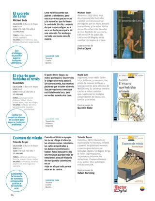 34
El secreto
de Lena
Michael Ende
Colección El Barco de Vapor
serie Azul
ISBN 978-958-705-428-6
112 páginas
temas: culpa, familia,
miedo, rebeldía.
valores: convivencia y paz,
diálogo, libertad, negociación.
Sugerido para
Tercero
Cuarto
Quinto
Lena es feliz cuando sus
padres la obedecen, pero
eso ocurre muy pocas veces
y lo normal es que le lleven
la contraria. Un día, cansada
de que la contradigan, va a
ver a un hada para que le dé
una solución. Sin embargo,
no todo sale como Lena lo
espera.
Michael Ende
Alemania, 1925-1995. Hijo
de un reconocido ilustrador
y pintor surrealista que fue
perseguido por los nazis, estudió
humanidades y fue actor. Varios
de sus libros han sido llevados
al cine. También de su autoría,
Ediciones SM ha publicado
La Escuela de Magia y otros
cuentos y La sopera y el cazo.
Ilustraciones de
Jindra Capek
El vicario que
hablaba al revés
Roald Dahl
Colección El Barco de Vapor
serie Azul
ISBN 978-843-485-684-4
48 páginas
temas: autosuperación,
dislexia, fútbol, libros,
primer amor, vida de colegio.
valores: cuidado del otro,
perseverancia, respeto,
	solidaridad.
Sugerido para
Transición
Primero
Segundo
El padre Ozire llega a su
nueva parroquia y los nervios
le juegan una mala pasada.
Sin darse cuenta, hay muchas
palabras que le salen al revés.
Sus parroquianos creen que
está totalmente loco, pero
en verdad sucede otra cosa.
Roald Dahl
Inglaterra, 1916-1990. Excén-
trico, brillante, provocador, fue
piloto de aviones militares y
luego guionista para películas de
Walt Disney. Su universo literario
cautiva a niños y adultos
que cuestionan los modelos
conservadores de educación,
familia y sociedad.
Ilustraciones de
Quentin Blake
Examen de miedo
Yolanda Reyes
Colección El Barco de Vapor
serie Azul
ISBN 978-958-705-885-7
56 páginas
temas: amistad, escritura,
familia, miedo, libros, viajes.
valores: confianza, escucha,
espíritu de interrogación,
valentía.
Sugerido para
Tercero
Cuarto
Quinto
Cuando en Girón se apagan
las luces y llega el silencio,
las viejas casonas coloniales,
las calles empedradas y
los balcones comienzan a
hablar. Pablo descubrirá los
secretos que guardan más de
trescientos años de historia
de este pueblo colombiano
en un
viaje en el que todo parece
estar en su contra.
Yolanda Reyes
Colombia, 1959. Educadora y
especialista en literatura infantil
y juvenil. Ha publicado novelas
y cuentos para lectores de
todas las edades. En Bogotá dirige
el Taller Espantapájaros,
un proyecto de formación
de lectores. Examen de miedo
es su primer libro publicado
en Ediciones SM.
Ilustraciones de
Rafael Yockteng
Con
el diálogo
es posible
superar
cualquier
diferencia.
Confiar en
nosotros mismos
es la clave para
superar cualquier
problema.
Conocemos
la herencia
de nuestros
antepasados
gracias a
la tradición
oral.
 