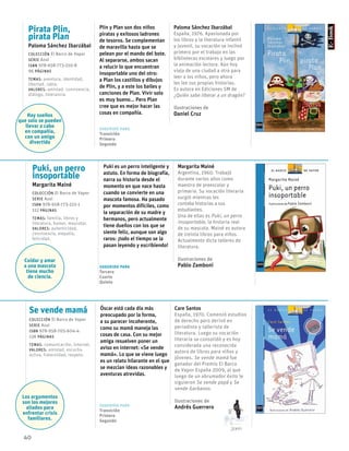 40
Se vende mamá
Colección El Barco de Vapor
serie Azul
ISBN 978-958-705-604-4
136 páginas
temas: comunicación, internet.
valores: amistad, escucha
activa, fraternidad, respeto.
Sugerido para
Transición
Primero
Segundo
Óscar está cada día más
preocupado por la forma,
a su parecer incoherente,
como su mamá maneja las
cosas de casa. Con su mejor
amiga resuelven poner un
aviso en internet: «Se vende
mamá». Lo que se viene luego
es un relato hilarante en el que
se mezclan ideas razonables y
aventuras atrevidas.
Care Santos
España, 1970. Comenzó estudios
de derecho pero derivó en
periodista y tallerista de
literatura. Luego su vocación
literaria se consolidó y es hoy
considerada una reconocida
autora de libros para niños y
jóvenes. Se vende mamá fue
ganador del Premio El Barco
de Vapor España 2009, al que
luego de un abrumador éxito le
siguieron Se vende papá y Se
vende Garbanzo.
Ilustraciones de
Andrés Guerrero
Puki, un perro
insoportable
Margarita Mainé
Colección El Barco de Vapor
serie Azul
ISBN 978-958-773-222-1
112 páginas
temas: familia, libros y
literatura, humor, mascotas.
valores: autenticidad,
convivencia, empatía,
felicidad.
Sugerido para
Tercero
Cuarto
Quinto
Puki es un perro inteligente y
astuto. En forma de biografía,
narra su historia desde el
momento en que nace hasta
cuando se convierte en una
mascota famosa. Ha pasado
por momentos difíciles, como
la separación de su madre y
hermanos, pero actualmente
tiene dueños con los que se
siente feliz, aunque son algo
raros: ¡todo el tiempo se la
pasan leyendo y escribiendo!
Margarita Mainé
Argentina, 1960. Trabajó
durante varios años como
maestra de preescolar y
primaria. Su vocación literaria
surgió mientras les
contaba historias a sus
estudiantes.
Una de ellas es Puki, un perro
insoportable, la historia real
de su mascota. Mainé es autora
de treinta libros para niños.
Actualmente dicta talleres de
literatura.
Ilustraciones de
Pablo Zamboni
Pirata Plin,
pirata Plan
Paloma Sánchez Ibarzábal
Colección El Barco de Vapor
serie Azul
ISBN 978-958-773-210-8
96 páginas
temas: aventura, identidad,
libertad, rabia.
valores: amistad, convivencia,
diálogo, tolerancia.
Sugerido para
Transición
Primero
Segundo
Plin y Plan son dos niños
piratas y exitosos ladrones
de tesoros. Se complementan
de maravilla hasta que se
pelean por el mando del bote.
Al separarse, ambos sacan
a relucir lo que encuentran
insoportable uno del otro:
a Plan los castillos y dibujos
de Plin, y a este los bailes y
canciones de Plan. Vivir solo
es muy bueno... Pero Plan
cree que es mejor hacer las
cosas en compañía.
Paloma Sánchez Ibarzábal
España, 1976. Apasionada por
los libros y la literatura infantil
y juvenil, su vocación se inclinó
primero por el trabajo en las
bibliotecas escolares y luego por
la animación lectora. Aún hoy
viaja de una ciudad a otra para
leer a los niños, pero ahora
les lee sus propias historias.
Es autora en Ediciones SM de
¿Quién sabe liberar a un dragón?
Ilustraciones de
Daniel Cruz
2009
Los argumentos
son los mejores
aliados para
enfrentar crisis
familiares.
Cuidar y amar
a una mascota
tiene mucho
de ciencia.
Hay sueños
que solo se pueden
llevar a cabo
en compañía,
con un amigo
divertido
 