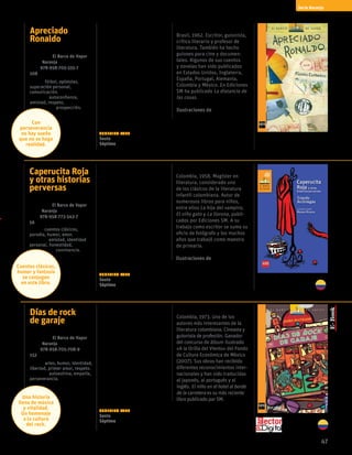 47
Serie Naranja
Apreciado
Ronaldo
Flávio Carneiro
Colección El Barco de Vapor
serie Naranja
ISBN 978-958-705-335-7
108 páginas
temas: fútbol, epístolas,
superación personal,
comunicación.
valores: autoconfianza,
amistad, respeto, 		
	prospección.
Artur es un encantador
niño de doce años cuya
afición futbolística lo lleva
a escribirle cartas al astro
Ronaldo Fenómeno. En ellas
le cuenta sobre su vida
cotidiana, sus dos amigos,
las cosas que aprende y sus
deseos de ser futbolista,
escritor o cronista deportivo.
¿Le contestará Ronaldo?
Flávio Carneiro
Brasil, 1962. Escritor, guionista,
crítico literario y profesor de
literatura. También ha hecho
guiones para cine y documen-
tales. Algunos de sus cuentos
y novelas han sido publicados
en Estados Unidos, Inglaterra,
España, Portugal, Alemania,
Colombia y México. En Ediciones
SM ha publicado La distancia de
las cosas.
Ilustraciones de
Daniel Bueno
Caperucita Roja
y otras historias
perversas
Triunfo Arciniegas
Colección El Barco de Vapor
serie Naranja
ISBN 978-958-773-543-7
56 páginas
temas: cuentos clásicos,
parodia, humor, amor.
valores: amistad, identidad
personal, honestidad,
	convivencia.
Sugerido para
Sexto
Séptimo
Sugerido para
Sexto
Séptimo
Sugerido para
Sexto
Séptimo
«Caperucita Roja», primer
cuento de este libro, fue
escrito hace 25 años. Es un
clásico que ahora regresa en
una nueva edición revisada
y aumentada por su autor. A
medida que el lector avance
en su lectura se irá topando
con personajes de los cuentos
clásicos, parodias, humor,
y con una escritura que le
atrapará desde la primera
línea.
Triunfo Arciniegas
Colombia, 1958. Magíster en
literatura, considerado uno
de los clásicos de la literatura
infantil colombiana. Autor de
numerosos libros para niños,
entre ellos La hija del vampiro,
El niño gato y La llorona, publi-
cados por Ediciones SM. A su
trabajo como escritor se suma su
oficio de fotógrafo y los muchos
años que trabajó como maestro
de primaria.
Ilustraciones de
Mateo Rivano
Días de rock
de garaje
Jairo Buitrago
Colección El Barco de Vapor
serie Naranja
ISBN 978-958-705-708-9
152 páginas
temas: artes, humor, identidad,
libertad, primer amor, respeto.
valores: autoestima, empatía,
perseverancia.
Gracias a su hermano, Juliana
descubre el blues y el rock.
Ella es una chica de barrio
de clase media en busca de
su destino con una guitarra
atropellada, un papá ausente
y una madre maravillosa que
se multiplica para apoyar
a sus hijos. El encuentro con
Iván, otro chico que quiere
formar una banda, es
determinante en el sinfín de
sorpresas que se avecinan.
Jairo Buitrago
Colombia, 1973. Uno de los
autores más interesantes de la
literatura colombiana. Cineasta y
guionista de profesión. Ganador
del concurso de álbum ilustrado
«A la Orilla del Viento» del Fondo
de Cultura Económica de México
(2007). Sus obras han recibido
diferentes reconocimientos inter-
nacionales y han sido traducidas
al japonés, al portugués y al
inglés. El niño en el hotel al borde
de la carretera es su más reciente
libro publicado por SM.
Cuentos clásicos,
humor y fantasía
se conjugan
en este libro.
Con
perseverancia
no hay sueño
que no se haga
realidad.
Una historia
llena de música
y vitalidad.
Un homenaje
a la cultura
del rock.
 