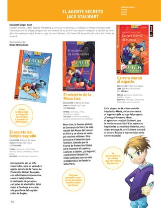 50
Elizabeth Singer Hunt
Estados Unidos, 1970. Estudió marketing y ciencias económicas, y trabajó un tiempo en publicidad.
Fascinada con los viajes, después del nacimiento de su primer hijo resolvió empezar a escribir la serie
del niño aventurero Jack Stalwart, que la volvió famosa. Ediciones SM ha publicado todos los títulos de
la serie.
Ilustraciones de
Brian Williamson
Sugerido para
Tercero
Cuarto
Quinto
Jack aparenta ser un niño
como todos, pero en verdad es
agente secreto de la Fuerza de
Protección Global. Equipado
con sofisticados instrumentos,
como el reloj-teléfono,
el rastreador de personas
y el polvo de electrolito, debe
viajar a Camboya a rescatar
a la guardiana del sagrado
collar de Angkor.
El misterio de la
Mona Lisa
Colección El Barco de Vapor
ISBN 978-846-751-723-1
128 páginas
temas: aventura, artes,
detectives, viajes.
valores: confianza, empatía,
justicia, perseverancia, valentía.
Carrera mortal
al espacio
Colección El Barco de Vapor
ISBN 978-846-755-310-9
132 páginas
temas: aventura, detectives,
familia, viajes.
valores: amistad, autonomía,
liderazgo, perseverancia.
Mona Lisa, la famosa pintura
de Leonardo da Vinci, ha sido
robada del Museo del Louvre
en París y se ofrece en venta
por muchos millones. Otro
caso para el detective Jack
Stalwart, llamado por la
Fuerza de Protección Global
para encontrar el cuadro y
capturar al ladrón. ¿Lo logrará?,
¿saldrá bien librado? Un
relato policiaco con un niño
protagonista y de fondo la
bella París.
En la víspera de la primera misión
tripulada a Marte, un loco secuestra
al ingeniero jefe a cargo del proyecto.
¿Conseguirá nuestro héroe,
el agente secreto Jack Stalwart, que
la misión sea un éxito? Con aventuras
trepidantes y complejos misterios, esta
nueva entrega de Jack Stalwart acercará
al lector a Rusia y a los entresijos de la
carrera espacial.
El secreto del
templo sagrado
Colección El Barco de Vapor
ISBN 978-846-751-722-4
128 páginas
temas: aventura, detectives,
familia, libros, orfandad, primer
amor.
valores: solidaridad, valentía.
El agente secreto
Jack Stalwart
Cómo
la tenacidad
y el ingenio
nos ayudan
a superar las
dificultades.
Hay que
aprender a ver:
en los pequeños
detalles están
las claves.
La
perseverancia
es la llave
que abre todas
las puertas.
 