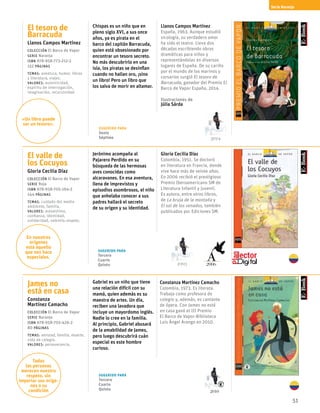 51
El tesoro de
Barracuda
Llanos Campos Martínez
Colección El Barco de Vapor
serie Naranja
ISBN 978-958-773-212-2
152 páginas
temas: aventura, humor, libros
y literatura, viajes.
valores: autenticidad,
espíritu de interrogación,
imaginación, recursividad.
Chispas es un niño que en
pleno siglo XVI, a sus once
años, ya es pirata en el
barco del capitán Barracuda,
quien está obsesionado por
encontrar un tesoro secreto.
No más descubrirlo en una
isla, los piratas se desinflan
cuando no hallan oro, ¡sino
un libro! Pero un libro que
los salva de morir en altamar.
Llanos Campos Martínez
España, 1963. Aunque estudió
sicología, su verdadero amor
ha sido el teatro. Lleva dos
décadas escribiendo obras
dramáticas para niños y
representándolas en diversos
lugares de España. De su cariño
por el mundo de los marinos y
corsarios surgió El tesoro de
Barracuda, ganador del Premio El
Barco de Vapor España, 2014.
Ilustraciones de
Júlia Sárda
El valle de
los Cocuyos
Gloria Cecilia Díaz
Colección El Barco de Vapor
serie Roja
ISBN 978-958-705-164-3
144 páginas
temas: cuidado del medio
ambiente, familia.
valores: autoestima,
confianza, identidad,
solidaridad, valentía.respeto.
Jerónimo acompaña al
Pajarero Perdido en su
búsqueda de las hermosas
aves conocidas como
alcaravanes. En esa aventura,
llena de imprevistos y
episodios asombrosos, el niño
que anhelaba conocer a sus
padres hallará el secreto
de su origen y su identidad.
Gloria Cecilia Díaz
Colombia, 1951. Se doctoró
en literatura en Francia, donde
vive hace más de veinte años.
En 2006 recibió el prestigioso
Premio Iberoamericano SM de
Literatura Infantil y Juvenil.
Es autora, entre otros libros,
de La bruja de la montaña y
El sol de los venados, también
publicados por Ediciones SM.
James no
está en casa
Constanza
Martínez Camacho
Colección El Barco de Vapor
serie Naranja
ISBN 978-958-705-426-2
80 páginas
temas: amistad, familia, muerte,
vida de colegio.
valores: perseverancia,
Gabriel es un niño que tiene
una relación difícil con su
mamá, quien además es su
maestra de artes. Un día,
reciben una lavadora que
incluye un mayordomo inglés.
Nadie lo cree en la familia.
Al principio, Gabriel abusará
de la amabilidad de James,
pero luego descubrirá cuán
especial es este hombre
curioso.
Constanza Martínez Camacho
Colombia, 1973. Es literata.
Trabaja como profesora de
colegio y, además, es cantante
de ópera. Con James no está
en casa ganó el III Premio
El Barco de Vapor-Biblioteca
Luis Ángel Arango en 2010.
Serie Naranja
«Un libro puede
ser un tesoro».
En nuestros
orígenes
está aquello
que nos hace
especiales.
Todas
las personas
merecen nuestro
respeto, sin
importar sus oríge-
nes o su
condición
Sugerido para
Tercero
Cuarto
Quinto
Sugerido para
Tercero
Cuarto
Quinto
Sugerido para
Sexto
Séptimo 2014
1993 2006
2010
 