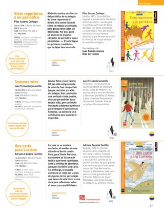 57
Siete reporteros
y un periódico
Pilar Lozano Carbayo
Colección El Barco de Vapor
serie Naranja
ISBN 978-958-705-419-4
142 páginas
temas: escritura, periodismo,
protesta, vida de colegio.
valores: autosuperación,
liderazgo, perseverancia,
responsabilidad.
Summer wine
Juan Fernando Jaramillo
Colección El Barco de Vapor
serie Naranja
ISBN 978-958-773-451-5
136 páginas
temas: amistad, enfermedad,
muerte.
valores: amistad, compañía,
solidaridad, empatía.
Una carta
para Luciana
Adriana Carreño Castillo
Colección El Barco de Vapor
serie Naranja
ISBN 978-985-705-788-1
128 páginas
temas: primer amor,
escritura, literatura, familia.
valores: amor filial,
autoestima, perseverancia,
valentía.
Alejandro quiere ser director
del periódico de su colegio.
No tiene reporteros ni
dinero ni la menor idea de
cómo se redacta un artículo;
pero ganas tiene todas las
del mundo. Por eso, pone
un anuncio en el patio:
«Director de periódico busca
periodistas...». Pronto llegan
los primeros candidatos,
que lo dejan desconsolado.
Jacobo Mota y Juan Camilo
Gil han sido amigos desde
la infancia, han compartido
juegos, secretos y la vida
del colegio. Han construido
una amistad a toda prueba,
de esas que podrían durar
toda la vida, pero un hecho
inusitado y doloroso cambiará
para siempre el curso de sus
historias. La escritura será
un bálsamo para superar lo
imposible.
Luciana es un nombre
corriente, el nombre de una
niña de un barrio común.
Pero, para Simón Martínez,
ese nombre es la suma de
todo lo que tiene significado.
Ante la timidez de abordarla,
opta por escribirle una carta.
Sin embargo, la esquela
comienza un viaje por la vida
de algunos de los personajes
que hacen de esta historia una
obra para reflexionar sobre
el amor y sus posibilidades.
Pilar Lozano Carbayo
España, 1953. Es periodista.
Ingresó al mundo de la literatura
infantil en 2005, cuando ganó
el prestigioso Premio El Barco
de Vapor con Siete reporteros
y un periódico. Para ella escribir
literatura «es una manera
divertida y gratificante de revivir
la infancia, de la que siempre
he sentido nostalgia».
Ilustraciones de
Juan Ramón Alonso
Díaz de Toledo
Juan Fernando Jaramillo
Colombia. Es estudiante de
quinto semestre de literatura
en la ciudad de Medellín. Ha
escrito para la sección «Palabra
y Obra» del periódico El Mundo,
y para la revista Pensamiento
Humanista. Summer wine es
su primer libro para niños.
Adriana Carreño Castillo
Bogotá, 1977. Es literata
de profesión y magíster en
escritura creativa. Trabajó
como profesora de literatura
y descubrió el camino de la
promoción de la lectura gracias
a su recorrido por el país como
tutora del Plan Nacional de
Lectura y Bibliotecas. Una carta
para Luciana, ganadora del
V Premio El Barco de Vapor-
Biblioteca Luis Ángel Arango
en 2012, es su primera novela.
Serie Naranja
Con
buena voluntad
y un poco de
ayuda se pueden
hacer cosas
maravillosas.
los buenos amigos
sonun regalo que
nos da la vida.
Conocemos
más de
nosotros mismos
cuando decidimos
correr riesgos.
Sugerido para
Sexto
Séptimo
Sugerido para
Sexto
Séptimo
Sugerido para
Sexto
Séptimo
2014
2012
2005
Altamente Recomendado 2014
 