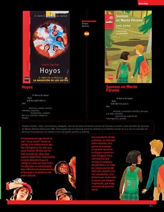 61
Serie Roja
Hoyos
Louis Sachar
Colección El Barco de Vapor
serie Roja
ISBN 978-84-3487-860-0
240 páginas
temas: Aventura, miedo, muerte,
rebeldía, violencia.
valores: Autoestima, cuidado
del otro, justicia, trabajo en
equipo.
El Campamento Lago Verde es
una “correccional” donde se
castiga a los adolescentes que
han infringido la ley. Allí va a
parar Stanley Yelnats que ha
sido acusado de robar unos
zapatos deportivos. Sorprendido
el joven descubrirá que el
castigo es cavar un hoyo todos
los días bajo un sol abrasador.
Una reflexión abrumadora sobre
el fascismo y la demencia del
poder policial.
Louis Sachar
Estados Unidos, 1954. Economista y abogado. Uno de los más eminentes autores de literatura juvenil, autor también de Sucesos
en Monte Páramo (Ediciones SM). Preocupado por la violencia entre los jóvenes en el ámbito escolar es a su vez un narrador de
técnicas innovadoras y un atento crítico del poder político y judicial.
Sucesos en Monte
Páramo
Louis Sachar
Colección El Barco de Vapor
serie Roja
ISBN 978-987-731-222-5
264páginas
temas: amistad, curiosidad científica, derecho
a la vida, matoneo.
valores: convivencia, espíritu de
interrogación, perdón.
Una estudiante tímida
y juiciosa, un niño que
sufre matoneo, otro
que es el acosador.
La tensión narrativa
se dispara cuando en
este triángulo entra
una empresa que
inventa el remplazo
del petróleo y no mide
las consecuencias del
daño que causará a los
tres estudiantes. Una
historia que no permite
la pausa, que ahoga la
respiración, que exige
una toma de posición
moral.
Sugerido para
Octavo
Noveno
 