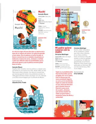 63
Serie Roja
Musiki
Gonzalo Moure
Colección El Barco de
Vapor
serie Roja
ISBN 978-84-675-7163-9
72 páginas
temas: Ciudad,
imaginación, música,
pobreza.
valores: Descentración,
dignidad, justicia,
resiliencia.
Un niño de origen africano descubre su destino de la
mano de un maestro de música: el sueño de aprender
a tocar piano. Pero la pobreza, el exilio forzado, lo
llevan a convertirse en un vendedor de pañuelos en
medio de un atasco de carros. ¿Fantasía o realidad
cruda? Una reflexión sobre las posibilidades que la
educación genera y que la pobreza extrema puede
llevar al lastre.
Gonzalo Moure
España, 1951. Estudios ciencias políticas y trabajó como
periodista en una emisora de radio. Desde 1989, escribe
libros para niños y jóvenes. Sus obras se caracterizan
por la preocupación frente a los problemas sociales. En
1995 ganó el Premio El Barco de Vapor con Lili, Libertad,
y en 2003 el Gran Angular por El síndrome de Mozart.
Ilustraciones de
Eduardo Ortiz Tirado
Mi padre quiere
casarse con tu
madre
Christine Nöstlinger
Colección El Barco de Vapor
serie Naranja
ISBN 978-84-675-8280-2
192 páginas
temas: Amor de pareja,
divorcio, escritura, familia.
valores: Cuidado del otro,
diálogo, generosidad respeto.
Tapón es un preadolescente
hijo de divorciados que ha
escogido vivir con su padre.
Este le informa que una
nueva estudiante llegará a
su curso y se la recomienda.
Tapón no acaba de entender
la cosa, hasta que descubre
que la alumna nueva es
hija de la nueva novia
de su padre. ¿Entonces
qué venimos siendo? Un
relato con gran humor y
momentos sumos de afecto y
solidaridad.
Christine Nöstlinger
Austria, 1936. Conocedora
de los problemas y dudas
que viven niños y jóvenes,
en sus libros enseña a
hacer una lectura crítica del
mundo y a mirar la realidad
sin prejuicios. En 1984 fue
galardonada con el Premio
Andersen. Otros títulos suyos
publicados en Ediciones SM
son Ana está furiosa y Mini
va al colegio
Ilustraciones de
Erica Salcedo
1984
Sugerido para
Octavo
Noveno
Sugerido para
Sexto
Séptimo
 