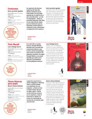 67
Serie roja
Finis Mundi
Laura Gallego García
Colección El Barco de Vapor
serie Roja
ISBN 978-958-705-424-8
256 páginas
temas: amor, aventura,
escritura, literatura, rebeldía,
viajes.
valores: autoestima, justicia,
liderazgo, responsabilidad.
En el año 997, un monje
francés, llamado Michael,
descubre que el mundo está
a punto de acabarse y que
la única manera de postergar
este suceso es encontrar tres
poderosos amuletos. Un juglar
llamado Mattius y una joven
humilde que sueña con la
libertad lo acompañarán
en esta peligrosa aventura.
Laura Gallego García
España, 1977. Es filóloga y
experta en temas medievales.
A los once años hizo su primera
novela. Escribió Finis Mundi
a los veintiuno y con ella ganó
su primer Premio El Barco de
Vapor en España. Es un ícono
de la literatura juvenil y autora
de best sellers como Crónicas de
la torre y Memorias de Idhún,
también publicados por
Ediciones SM.
Flores blancas
para papá
Beatriz Helena Robledo
Colección El Barco de Vapor
serie Roja
ISBN 978-958-705-637-2
128 páginas
temas: amor, conflicto
generacional, humor, vida rural.
valores: amor filial,
autenticidad, autonomía,
fraternidad, libertad.
Luego de la muerte de su
abuelo, Magdalena reflexiona
sobre su propio pasado
y se obsesiona con una
pregunta: «¿Cómo es tener
un padre muerto del que
no sabes nada?». Piensa
en ello mientras conversa
con su siquiatra y viaja al
funeral de su abuelo, en
el que irá conociendo los
secretos de una familia nada
convencional.
Beatriz Helena Robledo
Colombia, 1958. Reconocida his-
toriadora y crítica de la literatura
infantil colombiana. Colaboró
en el capítulo colombiano del
Gran diccionario de autores
latinoamericanos de literatura
infantil y juvenil, editado por la
Fundación SM. Flores blancas
para papá fue finalista del Premio
El Barco de Vapor-Biblioteca Luis
Ángel Arango en 2011 y elegido
entre las mejores obras del
2014 por el Banco del libro
de Venezuela.
Fantasmas
Darío Jaramillo Agudelo
Colección El Barco de Vapor
serie Roja
ISBN 978-958-705-887-1
92 páginas
temas: fantasía, misterio,
tradición oral.
valores: recursividad, espíritu
de interrogación, escucha.
Un repertorio de diversos
espectros del más allá:
desde el fantasma que le
tenía miedo a la oscuridad,
pasando por el espíritu de un
perro San Bernardo —y el de
un mayordomo—, hasta un
protocolo fantasmal. Este libro
es una colección de relatos
que nos demuestra que los
fantasmas existen desde el
momento en que comenzamos
a imaginarlos entre nosotros.
Darío Jaramillo Agudelo
Colombia, 1947. Uno de los poetas
más reconocidos y queridos en
Colombia. Sus Poemas de amor
(1986) han acompañado a dos
generaciones enteras de lectores.
En Ediciones SM ha publicado
Nicolás aprende los números y
Fantasmas, su primer libro para
jóvenes en este fondo.
Si te
has impuesto
una meta,
¡llega hasta
el final!
Solo
afrontando
el pasado
podemos construir
un nuevo y
promisorio
futuro.
Un libro que
ayudará a
entender algunas
cosas que suceden
y parecieran
no tener
explicación.
Sugerido para
Octavo
Noveno
Sugerido para
Octavo
Noveno
Sugerido para
Octavo
Noveno
1998
Finalista
2011 2014
 