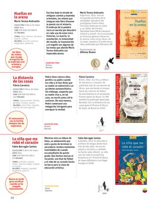 68
La distancia
de las cosas
Flávio Carneiro
Colección El Barco de Vapor
serie Roja
ISBN 978-958-705-889-5
144 páginas
temas: comunicación, familia,
pérdida, tristeza, muerte.
valores: amor filial, empatía,
espíritu de interrogación.
Pedro tiene catorce años,
perdió a su padre cuando
era niño y le han dicho que
su madre no sobrevivió a un
accidente automovilístico.
Sin embargo, sospecha que
su madre vive o, en tal
caso, no murió como a él le
contaron. De esta manera,
Pedro comenzará una
indagación intrigante para
averiguar la verdad.
Flávio Carneiro
Brasil, 1962. Escritor, profesor
de literatura y cineasta. Ha
publicado más de una decena de
libros, que van desde el ensayo
hasta las crónicas de fútbol.
Ha sido finalista en el reconocido
Premio Jabuti en Brasil. En SM
también ha publicado Apreciado
Ronaldo. Con La distancia de las
cosas ganó el Premio El Barco
de Vapor de Brasil en 2007.
La niña que me
robó el corazón
Fabio Barragán Santos
Colección El Barco de Vapor
serie Roja
ISBN 978-958-705-285-5
96 páginas
temas: amistad, respeto,
viajes, vida de colegio, trabajo
en equipo.
valores: empatía, equidad
de género, justicia.
Mientras mira un álbum de
fotos, un adolescente que
está a punto de terminar la
secundaria recobra momentos
inolvidables de cuando
era estudiante de quinto
grado. Dos hechos marcan el
recuerdo: una final de fútbol
y el robo de un corazón hecho
en barro para la clase de
educación artística.
Fabio Barragán Santos
Colombia, 1973. Es educador y
profesor de lengua desde hace
más de diez años. Ha escrito
poesía y narrativa, y también
ha hecho radio infantil. La niña
que me robó el corazón fue
finalista en el I Premio El Barco
de Vapor-Biblioteca Luis Ángel
Arango en 2008.
Huellas en
la arena
María Teresa Andruetto
Colección El Barco de Vapor
serie Roja
ISBN 978-958-705-888-8
88 páginas
temas: amor, belleza, literatura,
muerte, sueños.
valores: escucha, justicia,
integridad, sabiduría.
Escritos bajo la mirada de
antiguos cuentos y leyendas
orientales, los relatos que
integran este libro hilvanan
la poesía con el misterio.
El embrujo de la palabra
narra un secreto por descubrir
en cada una de estas trece
historias. La muerte, la
ensoñación, la inmensidad
del mundo, la trasmutación
y el engaño son algunos de
los temas que aborda María
Teresa Andruetto con
impecable pluma.
María Teresa Andruetto
Argentina, 1954. Una de 
las grandes escritoras de la 
actualidad. Ganadora del 
prestigioso Premio Hans 
Christian Andersen en 2012 
y, en 2009, del Premio 
Iberoamericano SM de Literatura 
Infantil y Juvenil. Ha incursionado
en diversos géneros literarios.
Es autora, entre otros libros, de
La mujer vampiro y El anillo encan-
tado, publicados por Ediciones SM.
Ilustraciones de
Alfonso Ruano
El reencuentro
con la familia
siempre nos da
esperanza.
Nunca es tarde
para rectificar
cuando se ha
juzgado
injustamente.
Un libro
de relatos
que recoge
el espíritu de
la tradición oral
oriental y
europea.
Sugerido para
Sexto
Séptimo
Sugerido para
Octavo
Noveno
Sugerido para
Octavo
Noveno
2012
Finalista
2008
2009
2007
 
