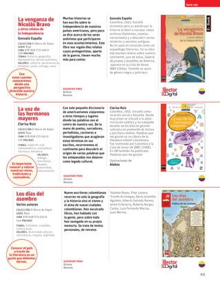 69
Serie roja
La venganza de
Nicolás Bravo
y otros relatos de
la Independencia
Gonzalo España
Colección El Barco de Vapor
serie Roja
ISBN 978-958-773-146-0
120 páginas
temas: historia, geografía,
Iberoamérica, héroes anónimos.
valores: valentía, perseverancia,
fortaleza, unión, entrega, amor.
Muchas historias se
han escrito sobre la
Independencia de nuestros
países americanos, pero poco
se dice acerca de los seres
anónimos que participaron
en esos acontecimientos. Este
libro nos regala diez relatos
cuyos protagonistas, aparte
de la guerra, tienen mucho
más para contar.
Gonzalo España
Colombia, 1945. Estudió
economía pero su pasión por la
historia lo llevó a rescatar viejos
archivos (folletines, novelas,
narraciones) y a descubrir varios
misterios y secretos antiguos.
No en vano es conocido como «el
arqueólogo literario». En su obra
hay muchos relatos sobre nuestro
continente, uno de estos, Galería
de piratas y bandidos de América,
aparece en la Lista de Honor
IBBY (1994). También es autor
de género negro y policiaco.
La voz de
los hermanos
mayores
Clarisa Ruiz
Colección El Barco de Vapor
serie Roja
ISBN 978-958-773-141-5
176 páginas
temas: tradición oral,
Latinoamérica, costumbres,
escritura, literatura.
valores:
diálogo,
conciencia,
respeto,
fraternidad,
comunicación.
Con este pequeño diccionario
de americanismos viajaremos
a otros tiempos y lugares
donde las palabras son el
centro de nuestra voz. De la
mano de poetas, narradores,
periodistas, cocineros e
investigadores que acogieron
estos términos en sus
escritos, recorreremos el
continente para descubrir el
origen de varias palabras que
los antepasados nos dejaron
como legado cultural.
Clarisa Ruiz
Colombia, 1955. Estudió comu-
nicación social y filosofía. Desde
muy joven se vinculó a la admi-
nistración pública y ha trabajado
durante varios años en gestión
cultural y en promoción de lectura
y escritura creativa. Palabras que
me gustan es un clásico de la
literatura infantil colombiana.
Fue nominado por Colombia a la
Lista de honor de IBBY (1988).
En SM también ha publicado
Palabras que me gustan.
Ilustraciones de
Alekos
Los días del
asombro
Varios autores
Colección El Barco de Vapor
serie Roja
ISBN 978-958-773-552-9
144 páginas
temas: Colombia, ciudades,
cultura local.
valores: diversidad cultural,
convivencia, respeto, dignidad.
Nueve escritores colombianos
recorren no solo la geografía
y la historia sino el viento y
el alma de nueve ciudades
colombianas. Han esculcado
libros, han hablado con
la gente, pero sobre todo
han navegado en su propia
memoria. Se trata de textos
personales, de retratos
Yolanda Reyes, Pilar Lozano,
Triunfo Arciniegas, Darío Jaramillo
Agudelo, Alberto Salcedo Ramos,
Jaime Echeverry, Roberto Burgos
Cantor, Luis Fernando Macías,
Juan Merino.
Con
estos cuentos
conoceremos
desde una
perspectiva
divertida nuestra
historia.
Es importante
conocer y valorar
nuestras raíces,
tradiciones y
costumbres.
Conocer el país
a través de
la literatura es un
gusto que debemos
darnos. Sugerido para
Octavo
Noveno
Sugerido para
Octavo
Noveno
Sugerido para
Octavo
Noveno
9
 
