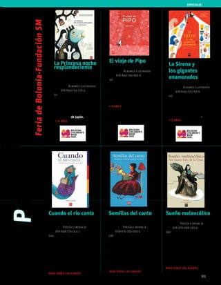89
ESPECIALES
El viaje de Pipo
Satoe Tone
Colección Álbumes Ilustrados
isbn 978-846-756-962-9
40 páginas
La Princesa noche
resplandeciente
Christine Nöstlinger
Ilustraciones de
Philip Giordano
Colección Álbumes Ilustrados
isbn 978-846-754-725-2
32 páginas
La Sirena y
los gigantes
enamorados
Catalina Sobral
Colección Álbumes Ilustrados
isbn 978-846-757-783-9
40 páginas
Un libro donde las imágenes
se acercan a la poesía; donde
las metáforas se convierten en
delicadas imágenes.
+ 4 años
Esta leyenda japonesa
cuenta la historia de amor
entre la princesa Noche
Resplandeciente y el
emperador de Japón.
+ 4 años
Una hermosa leyenda
portuguesa es narrada para
los niños pequeños a través
de palabras e imágenes.
+ 5 años
2011
2014
2010
Semillas del canto
Antologador
Rodolfo Fonseca
Colección Poesía e infancia
isbn 978-970-785-090-3
128 páginas
Sueño melancólico
Sor Juana Ines de la Cruz
Colección Poesía e infancia
isbn 978-970-688-565-4
160 páginas
Cuando el río canta
Ilustraciones de
Varios autores
Colección Poesía e infancia
isbn 978-958-773-142-2
144 páginas
Cuando el río canta… recoge
muchos manifestaciones como
canciones de cuna, coplas
y juegos de palabras de la
riquísima tradición oral, y
los complementa con muy
peculiares ilustraciones.
para todas las edades
Canciones de cuna, poemas
de animales, poemas de amor y
poemas con temas maternales,
entre muchos otros, se reúnen
en esta antología ilustrada de
mujeres poetas de los
siglos XIX y XX.
para todas las edades
Cuidada selección de la obra
de una de las poetas más
extraordinarias de nuestra
lengua, que dominaba todas las
formas y los recursos poéticos.
Una obra dedicada al lector
contemporáneo.
para todas las edades
PoesíaPremioInternacional
deIlustración
FeriadeBolonia-FundaciónSM
 