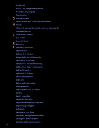 Finis Mundi LAURA GALLEGO GARCÍA	65
Flor de Loto, una princesa diferente MARÍA FLORENCIA GATTARI	 33
Flores blancas para papá BEATRIZ HELENA ROBLEDO	65
Fuenteovejuna LOPE DE VEGA	91
Gato de mercado CHRISTIAN AYUNI	 9
Genaro Manoblanca, fabricantes de marimbas JUAN MANUEL ROCA	 21
Herejía DAVID LOZANO GARBALA	 80
Historia de amor verdadero entre una rana y un cucarrón FRANCISCO MONTAÑA	 33
Huellas en la arenas MARÍA TERESA ANDRUETTO	 66
James no está en casa CONSTANZA MARTÍNEZ CAMACHO	 49
José Tomillo IVAR DA COLL	 10
Jugar con letras CLAUDIA RUEDA	11
Karandiru RAMMSES MOCTEZUMA	16
La abuelita aventurera ANA MARÍA MACHADO	 21
La botella azul GLORIA CECILIA DÍAZ	 33
La bruja de la montaña GLORIA CECILIA DÍAZ	 22
La casa de los espejos humeantes ALBEIRO ECHAVARRÍA	 50
La distancia de las cosas FLÁVIO CARNEIRO		66
La doble vida del señor Rosenberg FABRIZIO SILEI	 60
La Escuela de Magia y otros cuentos MICHAEL ENDE	50
La hija del vampiro TRIUNFO ARCINIEGAS	 50
La historia de Ernesto MERCÈ COMPANY	22
La lista de cumpleaños ANNA MANSO	 34
La Llorona TRIUNFO ARCINIEGAS	 34
La luna en los almendros GERARDO MENESES CLARO	51
La mujer vampiro MARÍA TERESA ANDRUETTO	 51
La niña que me robó el corazón FABIO BARRAGÁN SANTOS	 66
La obra DANIELA ACHER	 51
La otra cara del sol GLORIA CECILIA DÍAZ	64
La pandilla de Tristán MARIE-AUDE MURAIL	 34
La princesa Noche Resplandeciente PHILIP GIORDANO	88
La princesa y el rey pez JORDI SIERRA I FABRA	 36
La Regenta LEOPOLDO ALAS «CLARÍN»	 91
La sirena de agua dulce TRIUNFO ARCINIEGAS	 58
La sirena y los gigantes enamorados CATALINA SOBRAL	 88
La venganza de Nicolás Bravo GONZALO ESPAÑA	 67
La voz de los hermanos mayores CLARISA RUIZ	67
94
G
H
J
K
L
 