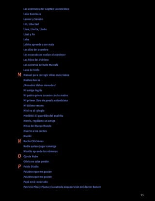 Las aventuras del Capitán Calzoncillos DAV PILKEY	 35
León Kamikaze ÁLVARO GARCÍA HERNÁNDEZ	74
Leonor y Sansón JAIRO BUITRAGO	 28
Lili, Libertad GONZALO MOURE	68
Lima, Limita, Limón MANUEL PEÑA MUÑOZ (ANTOLOGADOR)	 22
Lísel y Po LAUREN OLIVER	 68
Loba VERÓNICA MURGUÍA	 80
Lobito aprende a ser malo IAN WHYBROW	 36
Los días del asombro VARIOS AUTORES	 67
Los escarabajos vuelan al atardecer MARÍA GRIPE	80
Los hijos del vidriero MARÍA GRIPE	 52
Los secretos de Hafiz Mustafá FRANCISCO LEAL QUEVEDO	52
Luna de hielo SANTI BARÓ	75
Manual para corregir niños malcriados FRANCISCO HINOJOSA	 52
Medias dulces IVAR DA COLL	 16
¡Menudos bichos menudos! ELENA O’CALLAGHAN I DUCH	 23
Mi amigo inglés LUISA NOGUERA ARRIETA	 68
Mi padre quiere casarse con tu madre CHRISTINE NÖSTLINGER	 61	
Mi primer libro de poesía colombiana BEATRIZ HELENA ROBLEDO (ANTOLOGADORA	 86
Mi último verano DAVID ALMOND	81
Mini va al colegio CHRISTINE NÖSTLINGER	 36
Moribitó: El guardián del espíritu NAHOKO UESHASHI	 58
Morris, regálame un amigo GABRIELA KESELMAN	 23
Mitos del Nuevo Mundo NICOLÁS BUENAVENTURA VIDALé	 42, 86
Muerte a los coches BLAKE NELSON	 81
Musiki GONZALO MOURE	 61
Nacho Chichones GONZALO MOURE	 23
Nadie quiere jugar conmigo GABRIELA KESELMAN	 24
Nicolás aprende los números DARÍO JARAMILLO AGUDELO	 11
Ojo de Nube RICARDO GÓMEZ GIL	 53
Olivia no sabe perder ELVIRA LINDO	 11
Pablo Diablo FRANCESCA SIMON	37
Palabras que me gustan CLARISA RUIZ	 53
Palabras que me gustan CLARISA RUIZ	 53
Papá está conectado PHILLIPPE DE KEMMETER	9
Patricio Pico y Pluma y la extraña desaparición del doctor Bonett
MARÍA INÉS MCCORMICK	 53
95
M
N
O
P
 