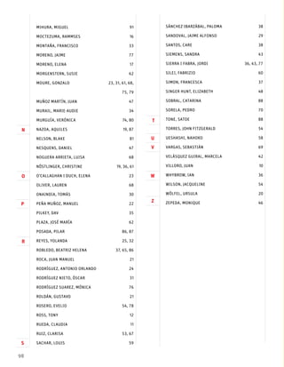 98
MIHURA, MIGUEL	 91
MOCTEZUMA, RAMMSES	 16
MONTAÑA, FRANCISCO	 33
MORENO, JAIME	 77
MORENO, ELENA	 17
MORGENSTERN, SUSIE	 62
MOURE, GONZALO	 23, 31, 61, 68,
75, 79
MUÑOZ MARTÍN, JUAN	 47
MURAIL, MARIE-AUDIE	 34
MURGUÍA, VERÓNICA	 74, 80
NAZOA, AQUILES	 19, 87
NELSON, BLAKE	 81
NESQUENS, DANIEL	 47
NOGUERA ARRIETA, LUISA	 68
NÖSTLINGER, CHRISTINE	 19, 36, 61
O’CALLAGHAN I DUCH, ELENA	 23
OLIVER, LAUREN	 68
ONAINDIA, TOMÁS	 30
PEÑA MUÑOZ, MANUEL	 22
PILKEY, DAV	 35
PLAZA, JOSÉ MARÍA	 62
POSADA, PILAR	 86, 87
REYES, YOLANDA	 25, 32
ROBLEDO, BEATRIZ HELENA	 37, 65, 86
ROCA, JUAN MANUEL	 21
RODRÍGUEZ, ANTONIO ORLANDO	 24
RODRÍGUEZ NIETO, ÓSCAR	 31
RODRÍGUEZ SUAREZ, MÓNICA	 76
ROLDÁN, GUSTAVO	 21
ROSERO, EVELIO	 54, 78
ROSS, TONY	 12
RUEDA, CLAUDIA	 11
RUIZ, CLARISA	 53, 67
SACHAR, LOUIS	 59
SÁNCHEZ IBARZÁBAL, PALOMA	 38
SANDOVAL, JAIME ALFONSO	 29
SANTOS, CARE	 38
SIEMENS, SANDRA	 43
SIERRA I FABRA, JORDI	 36, 43, 77
SILEI, FABRIZIO	 60
SIMON, FRANCESCA	 37
SINGER HUNT, ELIZABETH	 48
SOBRAL, CATARINA	 88
SORELA, PEDRO	 70
TONE, SATOE	 88
TORRES, JOHN FITZGERALD	 54
UESHASHI, NAHOKO	 58
VARGAS, SEBASTIÁN	 69
VELÁSQUEZ GUIRAL, MARCELA	 42
VILLORO, JUAN	 10
WHYBROW, IAN	 36
WILSON, JACQUELINE	 54
WÖLFEL, URSULA	 20
ZEPEDA, MONIQUE	 46
T
U
W
Z
O
P
R
V
N
S
 