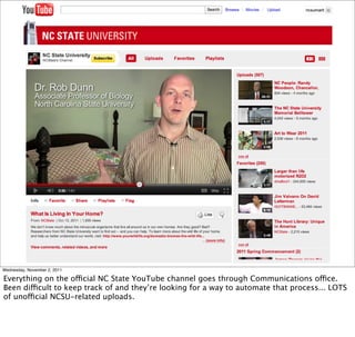 Wednesday, November 2, 2011

Everything on the official NC State YouTube channel goes through Communications office.
Been ...