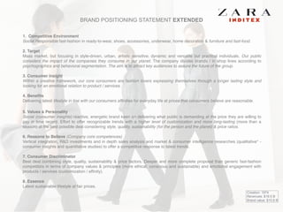 BRAND POSITIONING STATEMENT EXTENDED
1. Competitive Environment!
Social Responsible fast-fashion in ready-to-wear, shoes, accessories, underwear, home decoration & furniture and fast-food. !
!
2. Target!
Mass market, but focusing in style-driven, urban, artistic sensitive, dynamic and versatile but practical individuals. Our public
considers the impact of the companies they consume in our planet. The company divides brands / in shop lines according to
psychographics and behavioral segmentation. The aim is to attract key audiences to assure the future of the group. !
!
3. Consumer Insight!
Within a creative framework, our core consumers are fashion lovers expressing themselves through a longer lasting style and
looking for an emotional relation to product / services. !
!
4. Benefits!
Delivering latest lifestyle in line with our consumers affinities for everyday life at prices that consumers believe are reasonable. !
!
5. Values & Personality!
Social (consumer insights) reactive, energetic brand keen on delivering what public is demanding at the price they are willing to
pay in time record. Effort to offer recognizable trends with a higher level of customization and more long-lasting (more than a
season) at the best possible deal considering style, quality, sustainability (for the person and the planet) & price ratios.!
!
6. Reasons to Believe (Company core competences)!
Vertical integration, R&D investments and in depth sales analysis and market & consumer intelligence researches (qualitative* -
consumer insights and quantitative studies) to offer a competitive response to latest trends.!
!
7. Consumer Discriminator!
Best deal combining style, quality, sustainability & price factors. Deeper and more complete proposal than generic fast-fashion
competitors in terms of company values & principles (more ethical, conscious and sustainable) and emotional engagement with
products / services (customization / affinity).!
! !
8. Essence!
Latest sustainable lifestyle at fair prices.
Creation: 1974
Revenues: $19.5 B
Brand value: $10.8 B
 