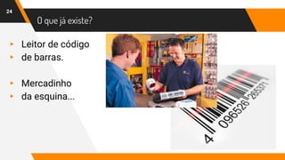 O que já existe?
24
▸ Leitor de código
▸ de barras.
▸ Mercadinho
▸ da esquina...
 