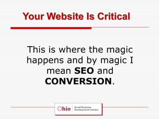 Your Website Is Critical


This is where the magic
happens and by magic I
    mean SEO and
    CONVERSION.
 
