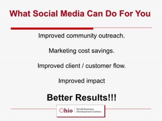 What Social Media Can Do For You

      Improved community outreach.

          Marketing cost savings.

      Improved client / customer flow.

             Improved impact

         Better Results!!!
 