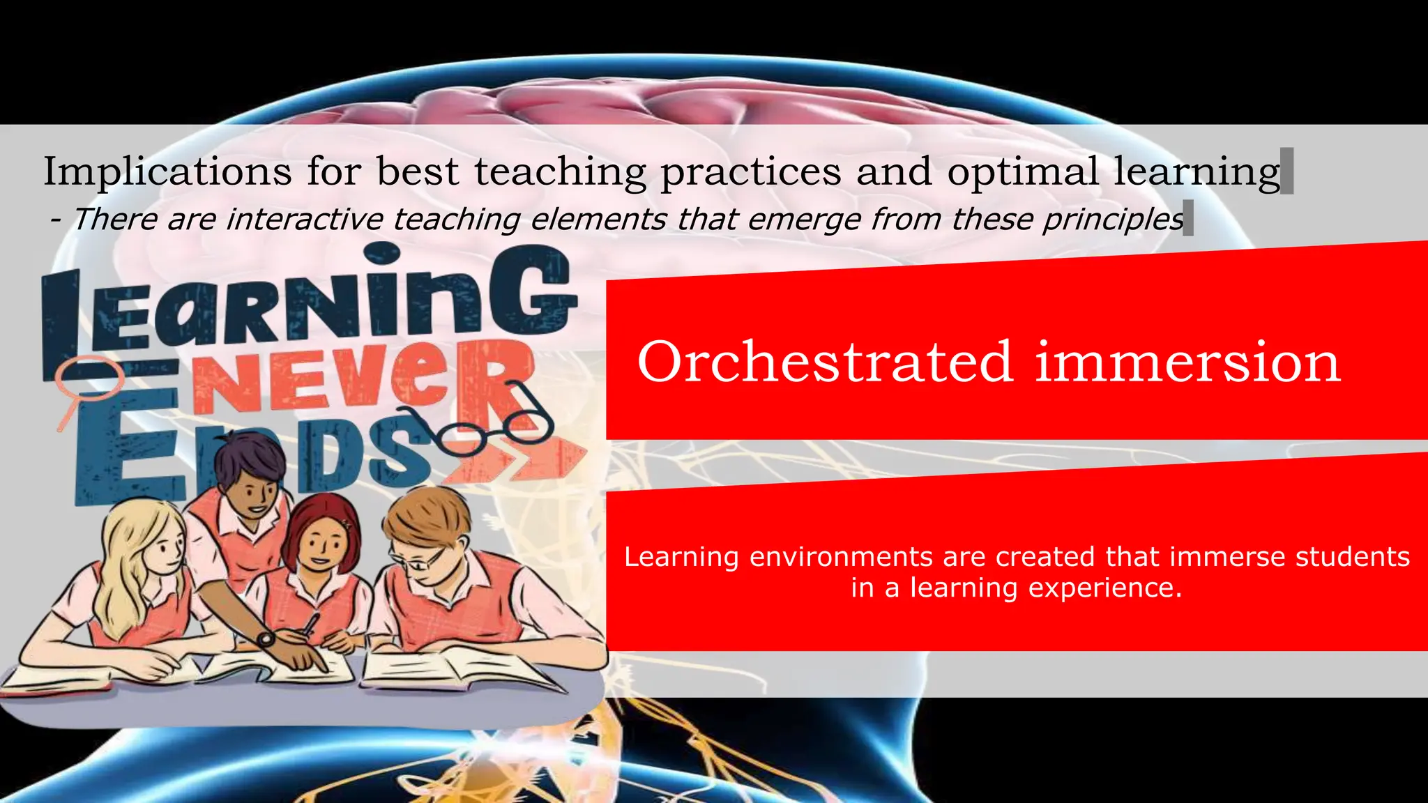 Implications for best teaching practices and optimal learning
- There are interactive teaching elements that emerge from these principles
Orchestrated immersion
Learning environments are created that immerse students
in a learning experience.
 