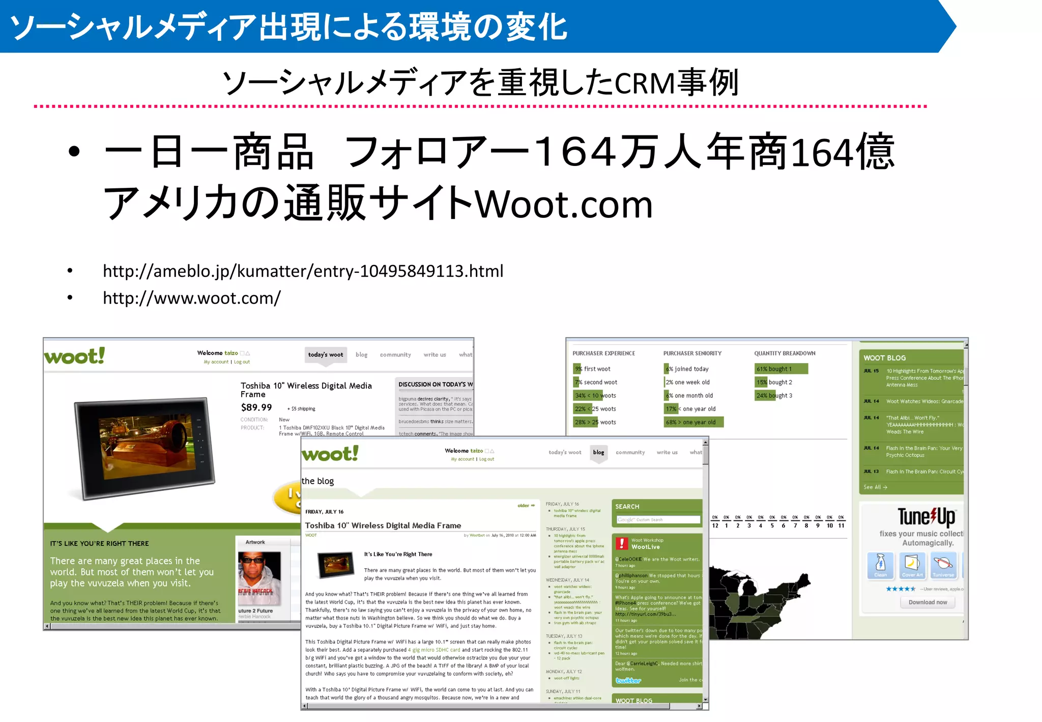 ソーシャルメディア出現による環境の変化
                   ソーシャルメディアを重視したCRM事例

 • 一日一商品 フォロアー１６４万人年商164億
   アメリカの通販サイトWoot.com
 •   http://ameblo.jp/kumatter/entry-10495849113.html
 •   http://www.woot.com/
 