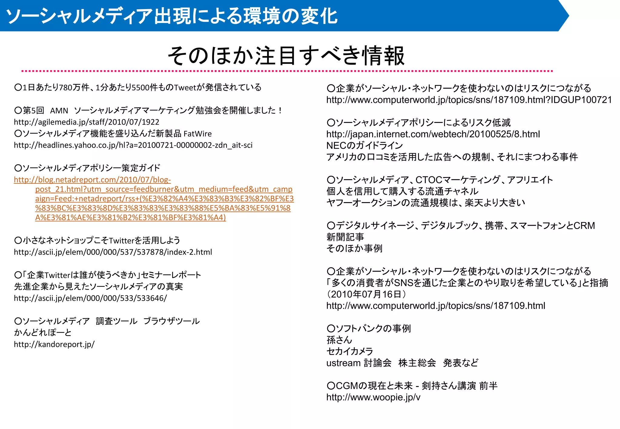ソーシャルメディア出現による環境の変化

                                        そのほか注目すべき情報
○1日あたり780万件、1分あたり5500件ものTweetが発信されている                               ○企業がソーシャル・ネットワークを使わないのはリスクにつながる
                                                                    http://www.computerworld.jp/topics/sns/187109.html?IDGUP100721
○第5回 AMN ソーシャルメディアマーケティング勉強会を開催しました！
http://agilemedia.jp/staff/2010/07/1922                             ○ソーシャルメディアポリシーによるリスク低減
○ソーシャルメディア機能を盛り込んだ新製品 FatWire                                       http://japan.internet.com/webtech/20100525/8.html
http://headlines.yahoo.co.jp/hl?a=20100721-00000002-zdn_ait-sci     NECのガイドライン
                                                                    アメリカの口コミを活用した広告への規制、それにまつわる事件
○ソーシャルメディアポリシー策定ガイド
http://blog.netadreport.com/2010/07/blog-                           ○ソーシャルメディア、CTOCマーケティング、アフリエイト
      post_21.html?utm_source=feedburner&utm_medium=feed&utm_camp   個人を信用して購入する流通チャネル
      aign=Feed:+netadreport/rss+(%E3%82%A4%E3%83%B3%E3%82%BF%E3
      %83%BC%E3%83%8D%E3%83%83%E3%83%88%E5%BA%83%E5%91%8
                                                                    ヤフーオークションの流通規模は、楽天より大きい
      A%E3%81%AE%E3%81%B2%E3%81%BF%E3%81%A4)
                                                                    ○デジタルサイネージ、デジタルブック、携帯、スマートフォンとCRM
○小さなネットショップこそTwitterを活用しよう                                          新聞記事
http://ascii.jp/elem/000/000/537/537878/index-2.html                そのほか事例

○「企業Twitterは誰が使うべきか」セミナーレポート                                        ○企業がソーシャル・ネットワークを使わないのはリスクにつながる
先進企業から見えたソーシャルメディアの真実                                               「多くの消費者がSNSを通じた企業とのやり取りを希望している」と指摘
http://ascii.jp/elem/000/000/533/533646/                            ＇2010年07月16日（
                                                                    http://www.computerworld.jp/topics/sns/187109.html
○ソーシャルメディア 調査ツール ブラウザツール
かんどれぽーと                                                             ○ソフトバンクの事例
http://kandoreport.jp/                                              孫さん
                                                                    セカイカメラ
                                                                    ustream 討論会 株主総会 発表など

                                                                    ○CGMの現在と未来 - 剣持さん講演 前半
                                                                    http://www.woopie.jp/v
 