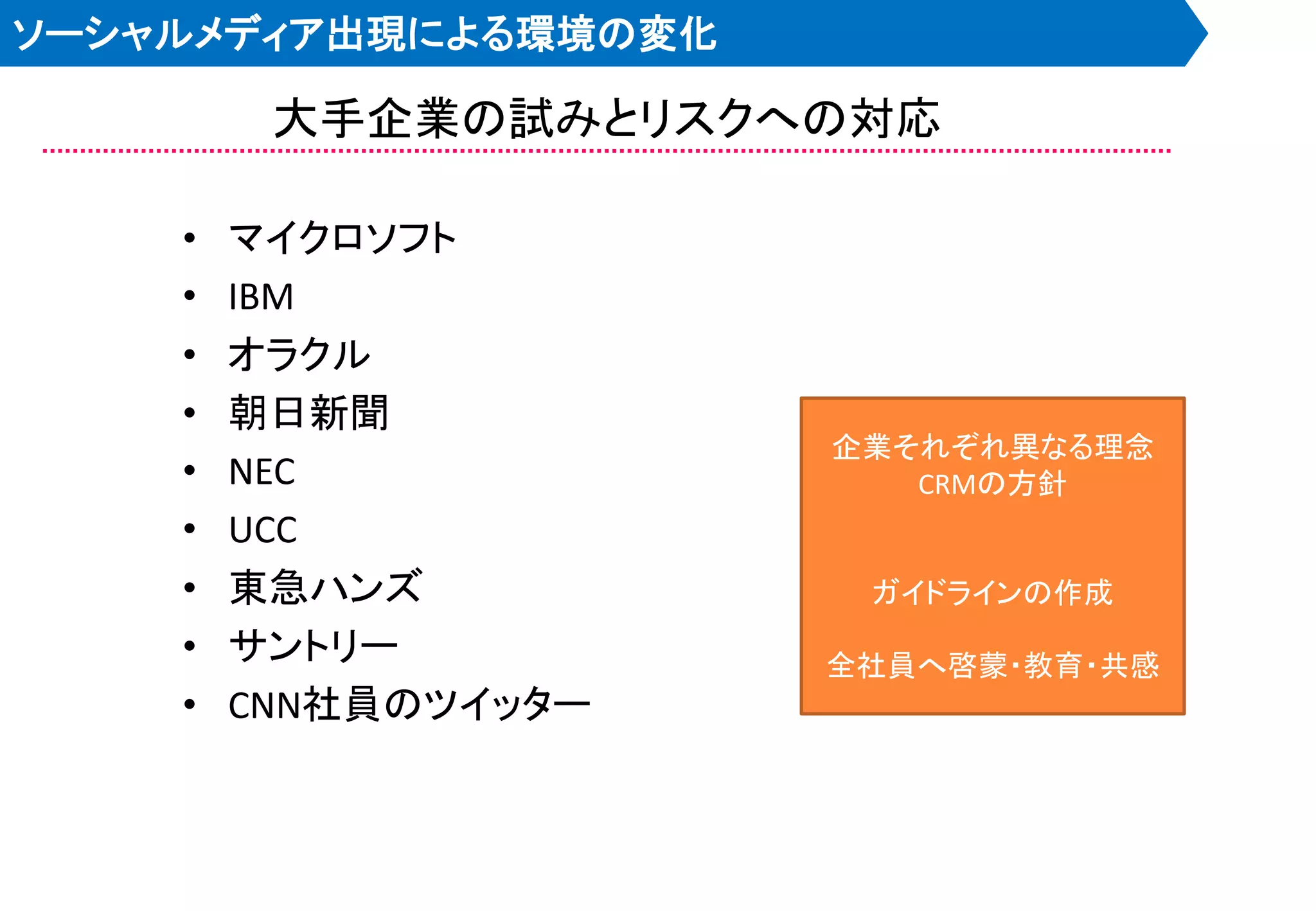 ソーシャルメディア出現による環境の変化

         大手企業の試みとリスクへの対応

    •   マイクロソフト
    •   IBM
    •   オラクル
    •   朝日新聞
                      企業それぞれ異なる理念
    •   NEC              CRMの方針
    •   UCC
    •   東急ハンズ          ガイドラインの作成
    •   サントリー         全社員へ啓蒙・教育・共感
    •   CNN社員のツイッター
 