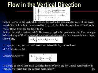 Flow in the Vertical Direction
26
When flow is in the vertical direction, the hydraulic gradients for each of the layers
are different. Let these be denoted by i1, i2……. in. Let h be the total loss of head as the
water flows from the top layer to the
bottom through a distance of Z. The average hydraulic gradient is h/Z. The principle
of continuity of flow requires that the downward velocity be the same in each layer.
Therefore,
If h1,h2,h3…..hn are the head losses in each of the layers, we have
h = h1+h2+h3+…..+hn
Solving the above:
It should be noted that in all stratified layers of soils the horizontal permeability is
generally greater than the vertical permeability
 