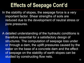 Effects of Seepage Cont’d
In the stability of slopes, the seepage force is a very
important factor. Shear strengths of soils are
reduced due to the development of neutral stress or
pore pressures.
A detailed understanding of the hydraulic conditions is
therefore essential for a satisfactory design of
structures. The computation of seepage loss under
or through a dam, the uplift pressures caused by the
water on the base of a concrete dam and the effect
of seepage on the stability of earth slopes can be
studied by constructing flow nets.
32
 