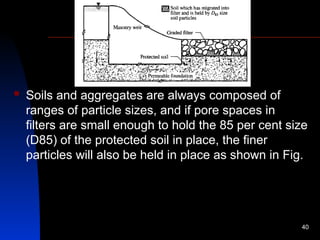  Soils and aggregates are always composed of
ranges of particle sizes, and if pore spaces in
filters are small enough to hold the 85 per cent size
(D85) of the protected soil in place, the finer
particles will also be held in place as shown in Fig.
40
 