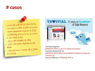 # casos




          Formato pregunta:
          #TRWIVIAL #P01 ¿Cuál es la capital de España?
          Formato opciones de rta:
          #TRWIVIAL #P01 A)Barcelona B)Madrid C)Valencia D)Sevilla
          Formato rta:
          Envía un DM con: #TRWIVIAL #P01 A
 