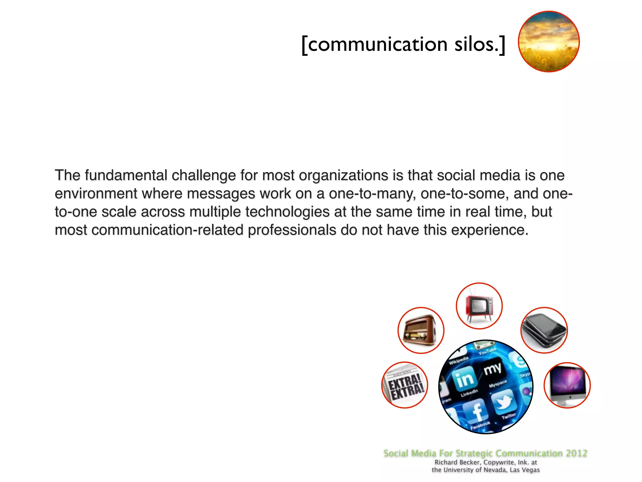 [communication silos.]




The fundamental challenge for most organizations is that social media is one
environment where messages work on a one-to-many, one-to-some, and one-
to-one scale across multiple technologies at the same time in real time, but
most communication-related professionals do not have this experience.




                                                Social Media For Strategic Communication 2012
                                                           Richard Becker, Copywrite, Ink. at
                                                          the University of Nevada, Las Vegas
 