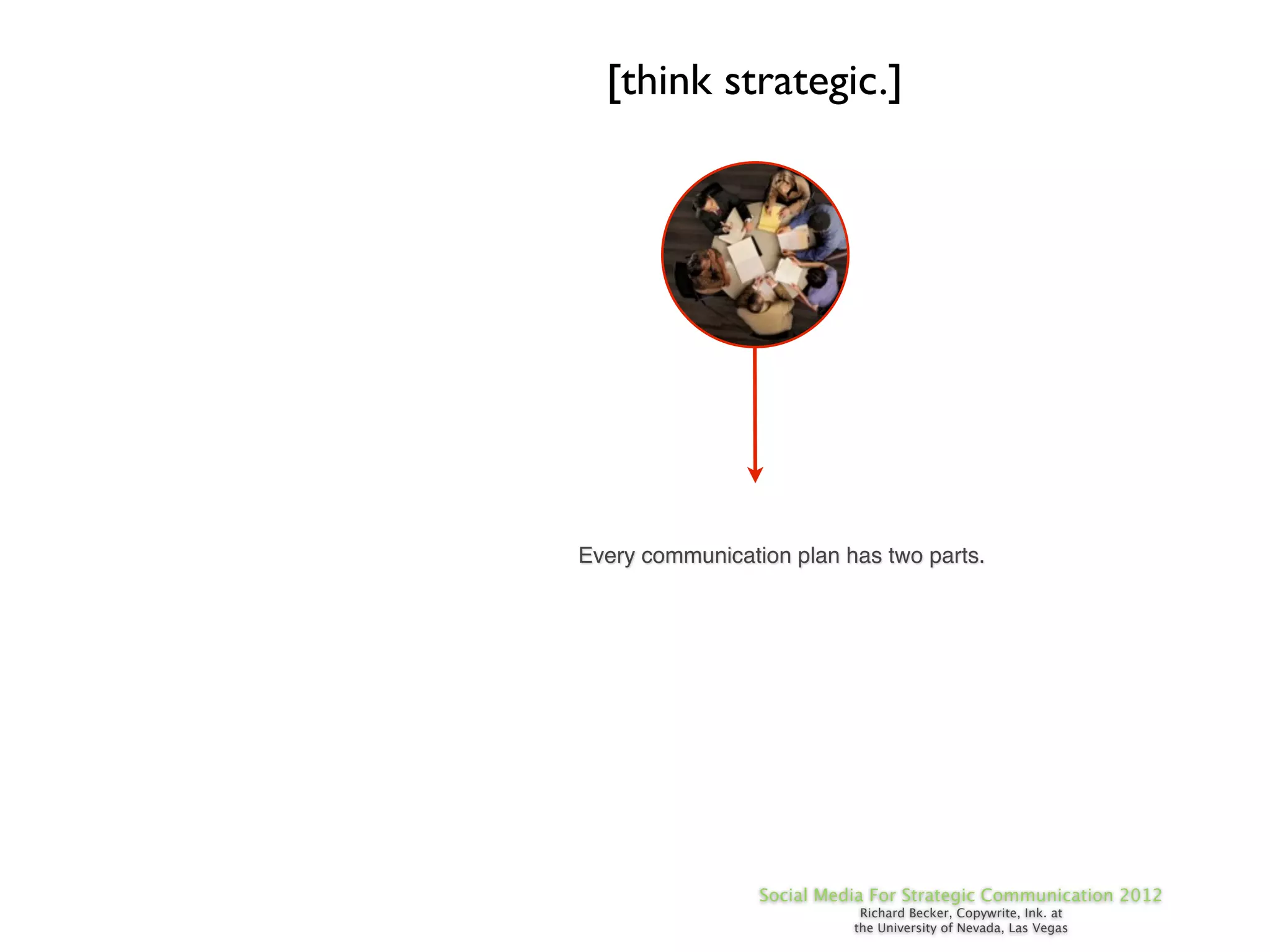 [think strategic.]




Every communication plan has two parts.




                 Social Media For Strategic Communication 2012
                            Richard Becker, Copywrite, Ink. at
                           the University of Nevada, Las Vegas
 