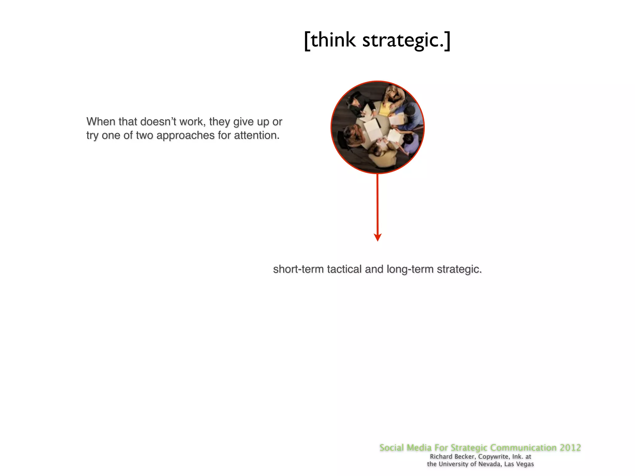 [think strategic.]


When that doesn’t work, they give up or
try one of two approaches for attention.




                                      short-term tactical and long-term strategic.




                                                            Social Media For Strategic Communication 2012
                                                                       Richard Becker, Copywrite, Ink. at
                                                                      the University of Nevada, Las Vegas
 