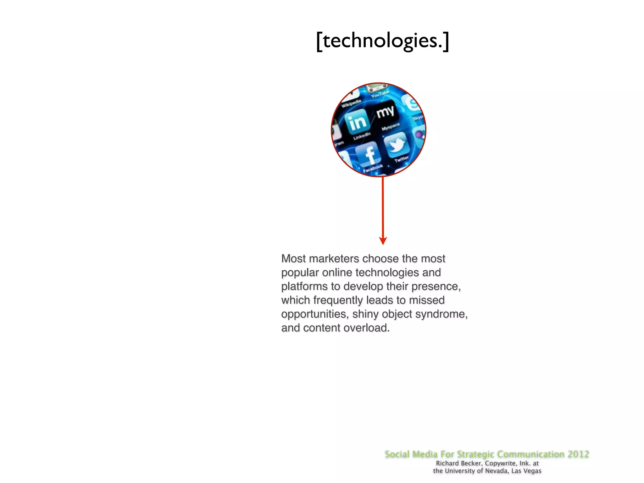 [technologies.]




Most marketers choose the most
popular online technologies and
platforms to develop their presence,
which frequently leads to missed
opportunities, shiny object syndrome,
and content overload.




                    Social Media For Strategic Communication 2012
                               Richard Becker, Copywrite, Ink. at
                              the University of Nevada, Las Vegas
 