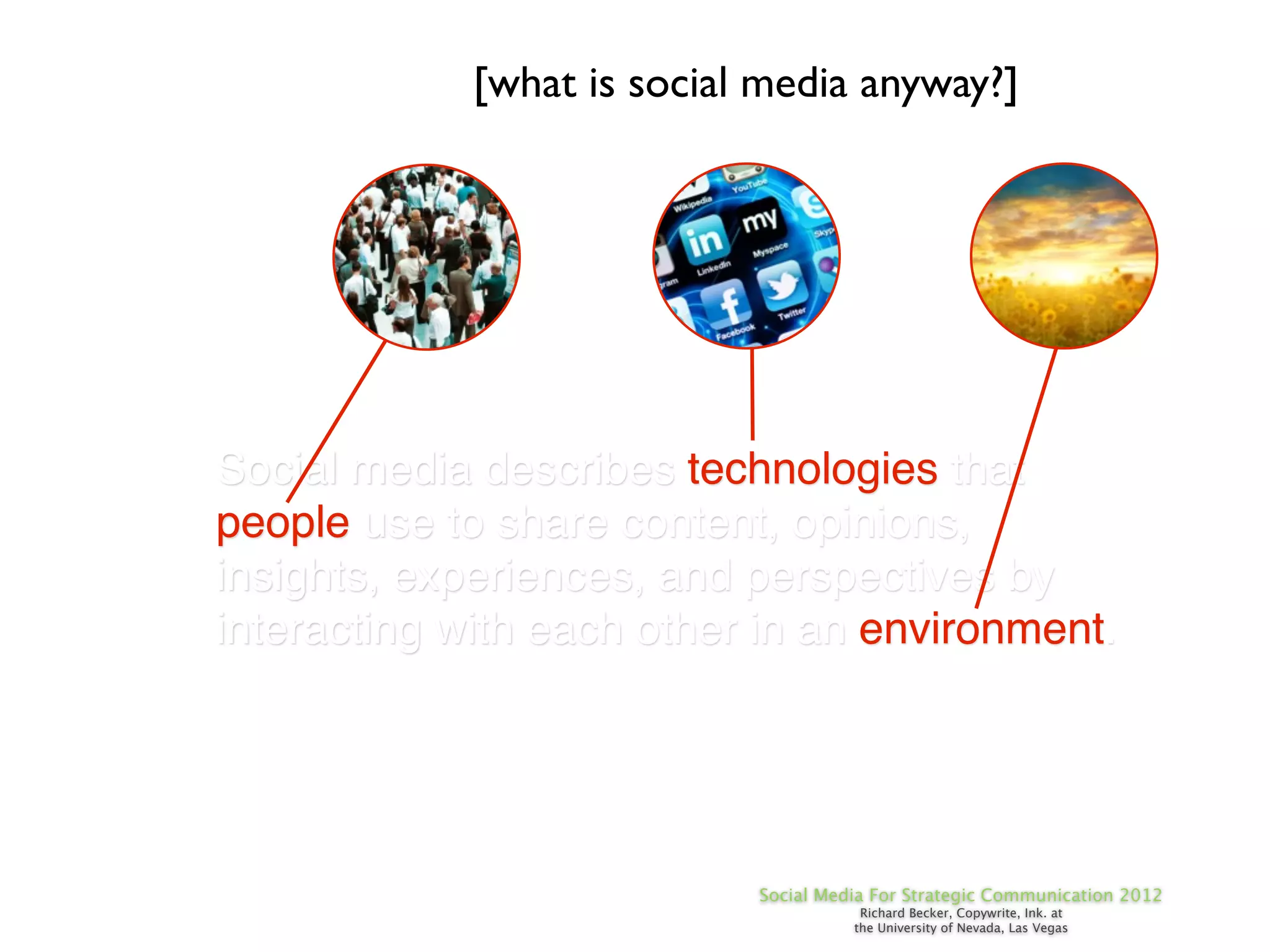 [what is social media anyway?]




Social media describes technologies that
people use to share content, opinions,
insights, experiences, and perspectives by
interacting with each other in an environment.




                            Social Media For Strategic Communication 2012
                                       Richard Becker, Copywrite, Ink. at
                                      the University of Nevada, Las Vegas
 