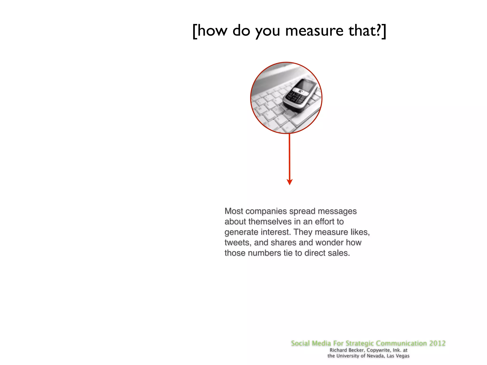 [how do you measure that?]




    Most companies spread messages
    about themselves in an effort to
    generate interest. They measure likes,
    tweets, and shares and wonder how
    those numbers tie to direct sales.




                     Social Media For Strategic Communication 2012
                                Richard Becker, Copywrite, Ink. at
                               the University of Nevada, Las Vegas
 