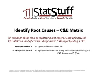 Section & Lesson #:
Pre-Requisite Lessons:
Complex Tools + Clear Teaching = Powerful Results
Identify Root Causes – C&E Matrix
Six Sigma-Measure – Lesson 26
An extension of the topic on identifying root causes by showing how the
C&E Matrix is used after a C&E diagram and 5 Whys for building a DCP.
Six Sigma-Measure #25 – Identify Root Causes – Combining the
C&E Diagram and 5 Whys
Copyright © 2011-2019 by Matthew J. Hansen. All Rights Reserved. No part of this publication may be reproduced, stored in a retrieval system, or transmitted by any means
(electronic, mechanical, photographic, photocopying, recording or otherwise) without prior permission in writing by the author and/or publisher.
 