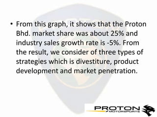 • From this graph, it shows that the Proton
  Bhd. market share was about 25% and
  industry sales growth rate is -5%. From
  the result, we consider of three types of
  strategies which is divestiture, product
  development and market penetration.
 