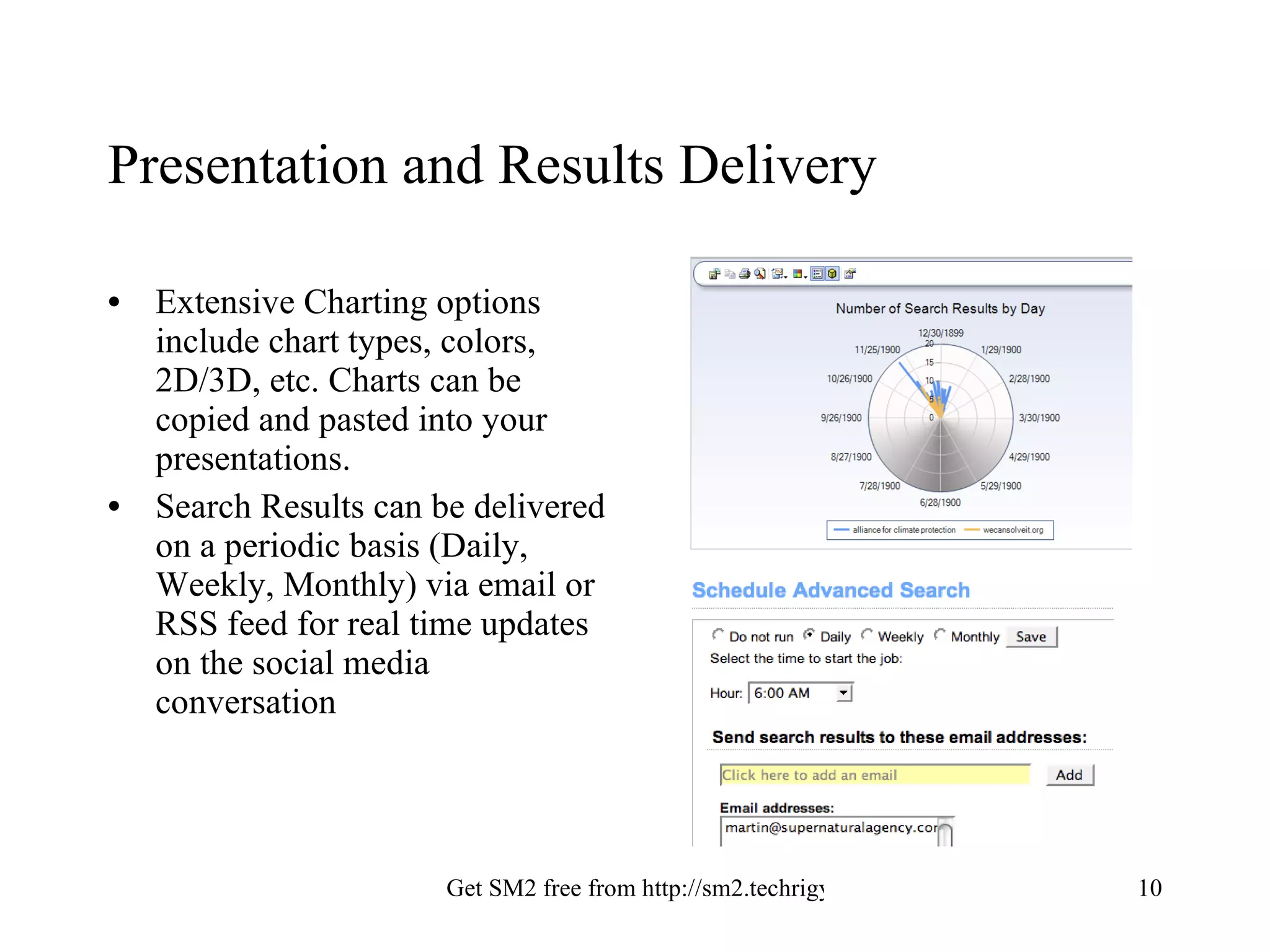 Presentation and Results Delivery Extensive Charting options include chart types, colors, 2D/3D, etc. Charts can be copied and pasted into your presentations. Search Results can be delivered on a periodic basis (Daily, Weekly, Monthly) via email or RSS feed for real time updates on the social media conversation 