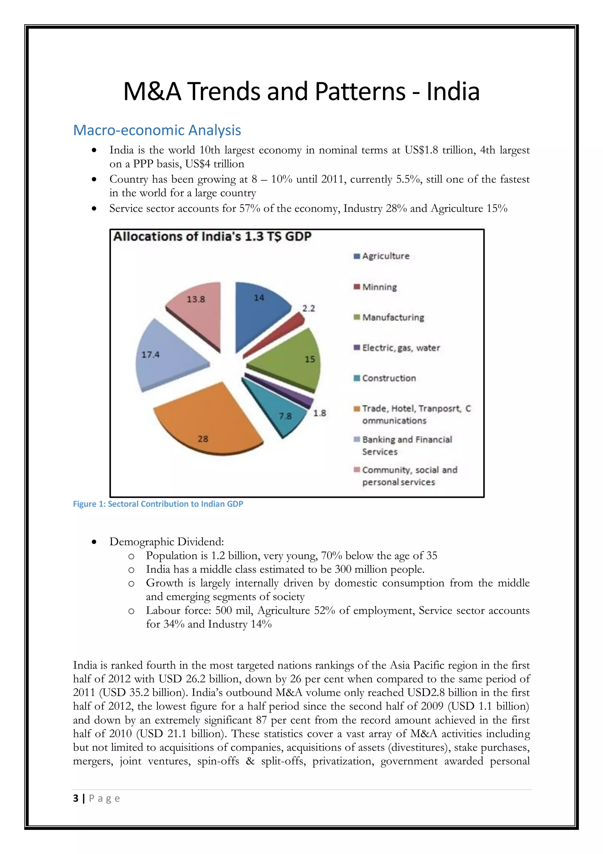 3 | P a g e
M&A Trends and Patterns - India
Macro-economic Analysis
 India is the world 10th largest economy in nominal terms at US$1.8 trillion, 4th largest
on a PPP basis, US$4 trillion
 Country has been growing at 8 – 10% until 2011, currently 5.5%, still one of the fastest
in the world for a large country
 Service sector accounts for 57% of the economy, Industry 28% and Agriculture 15%
Figure 1: Sectoral Contribution to Indian GDP
 Demographic Dividend:
o Population is 1.2 billion, very young, 70% below the age of 35
o India has a middle class estimated to be 300 million people.
o Growth is largely internally driven by domestic consumption from the middle
and emerging segments of society
o Labour force: 500 mil, Agriculture 52% of employment, Service sector accounts
for 34% and Industry 14%
India is ranked fourth in the most targeted nations rankings of the Asia Pacific region in the first
half of 2012 with USD 26.2 billion, down by 26 per cent when compared to the same period of
2011 (USD 35.2 billion). India‟s outbound M&A volume only reached USD2.8 billion in the first
half of 2012, the lowest figure for a half period since the second half of 2009 (USD 1.1 billion)
and down by an extremely significant 87 per cent from the record amount achieved in the first
half of 2010 (USD 21.1 billion). These statistics cover a vast array of M&A activities including
but not limited to acquisitions of companies, acquisitions of assets (divestitures), stake purchases,
mergers, joint ventures, spin-offs & split-offs, privatization, government awarded personal
 