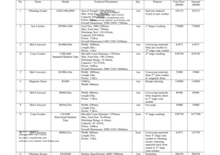 my skype:evitalee55
whatsapp:0086 18637192252
my email: evita@hiimac.com
welcome to my website! www.hiimac.com
my skype:evitalee55
whatsapp:0086 18637192252
my email: evita@hiimac.com
welcome to my website! www.hiimac.com
No. Name Model Technical Parameters Qty. Purpose Unit Price
(RMB)
Amount
(RMB)
1 Vibrating Feeder GZD1100x4900 Size of Trough:1100x4900mm,
Max. Feed Size:580mm,
Capacity:280-500t/h,
Power:15Kw,
Overall Dimension: 5200×2050×1700mm.
1set feed raw material
evenly to jaw crusher
103125 103125
2 Jaw Crusher PE900x1200 Feed Size: 900x1200mm,
Max. Feed Size: 750mm,
Discharge Size: 110-165mm,
Capacity:220-450t/h,
Power: 132Kw,
Overall Dimension:3100×2760×3260mm.
1set 1st
Stage Crushing 770000 770000
3 Belt Conveyor B1000x20m Width: 1000mm,
Length:20m,
Power: 11Kw.
1set Conveying materials
from jaw crusher to
2nd
stage cone crusher
61875 61875
4 Cone Crusher CSB160B
Standard Medium Type
Movable Cone Diameter: 1295mm,
Max. Feed Size: 188-210mm,
Discharge Range: 16-38mm,
Capacity: 132-253t/h,
Power: 160Kw,
Overall Dimension: 2800×2342×2668mm.
1set 2nd
stage crushing 838750 838750
5 Belt Conveyor B1000x10m Width: 1000mm,
Length:10m,
Power: 5.5Kw.
1set Conveying materials
from 2nd
cone crusher
to magnetic drum
33000 33000
6 Magnetic Drum B1000 3200Gs,
Width:1000mm
1set Rough selecting 110000 110000
7 Belt Conveyor B800x20m Width: 800mm,
Length:20m,
Power: 7.5Kw.
1set Conveying materials
from magnetic drum
to 3rd
stage cone
crusher
49500 49500
8 Belt Conveyor B650x25m Width: 650mm,
Length:25m,
Power: 7.5Kw.
1set For scrap 55000 55000
9 Cone Crusher CS160D
Short-head Medium
Type
Movable Cone Diameter: 1295mm,
Max. Feed Size: 54-89mm,
Discharge Range: 6-16mm,
Capacity: 82-163t/h,
Power: 160Kw,
Overall Dimension: 2800×2342×2668mm.
2sets 3rd
stage crushing 838750 1677500
10 Belt Conveyor B800x25m Width: 800mm,
Length:25m,
Power: 11Kw.
2sets Conveying materials
from 3rd
stage cone
crusher to vibrating
screen; returning
materials back from
screen to 3rd
stage
cone crusher
61875 123750
11 Vibrating Screen YKS3060 Surface Specification: 6000×3000mm, 1set Screening 206250 206250
 