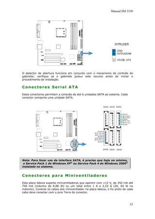 Manual SM 3330
O detector de abertura funciona em conjunto com o mecanismo de controle do
gabinete; verifique se o gabinete possui este recurso antes de iniciar o
procedimento de instalação.
Conectores Serial ATA
Estes conectores permitem a conexão de até 6 unidades SATA ao sistema. Cada
conector comporta uma unidade SATA.
Nota: Para fazer uso da interface SATA, é preciso que haja no mínimo,
o Service Pack 1 do Windows XP®
ou Service Pack 4 do Windows 2000®
instalado no sistema.
Conectores para Miniventiladores
Esta placa básica suporta miniventiladores que operem com +12 V, de 350 mA até
740 mA (máximo de 8,88 W) ou um total entre 1 A e 2,22 A (26, 64 W no
máximo). Conecte os cabos dos miniventilador na placa básica, o fio preto de cada
cabo deve conectar com o pino Terra do conector.
33
 