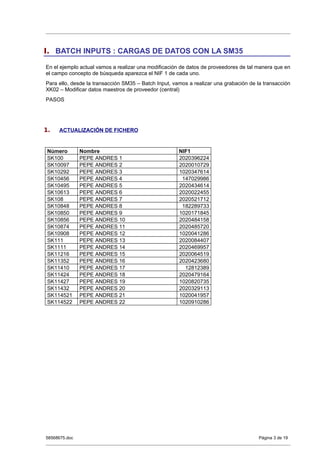 I. BATCH INPUTS : CARGAS DE DATOS CON LA SM35

En el ejemplo actual vamos a realizar una modificación de datos de proveedores de tal manera que en
el campo concepto de búsqueda aparezca el NIF 1 de cada uno.
Para ello, desde la transacción SM35 – Batch Input, vamos a realizar una grabación de la transacción
XK02 – Modificar datos maestros de proveedor (central)
PASOS




1.   ACTUALIZACIÓN DE FICHERO


 Número        Nombre                                 NIF1
 SK100         PEPE ANDRES 1                          2020396224
 SK10097       PEPE ANDRES 2                          2020010729
 SK10292       PEPE ANDRES 3                          1020347614
 SK10456       PEPE ANDRES 4                           147029986
 SK10495       PEPE ANDRES 5                          2020434614
 SK10613       PEPE ANDRES 6                          2020022455
 SK108         PEPE ANDRES 7                          2020521712
 SK10848       PEPE ANDRES 8                           182289733
 SK10850       PEPE ANDRES 9                          1020171845
 SK10856       PEPE ANDRES 10                         2020484158
 SK10874       PEPE ANDRES 11                         2020485720
 SK10908       PEPE ANDRES 12                         1020041286
 SK111         PEPE ANDRES 13                         2020084407
 SK1111        PEPE ANDRES 14                         2020469957
 SK11216       PEPE ANDRES 15                         2020064519
 SK11352       PEPE ANDRES 16                         2020423680
 SK11410       PEPE ANDRES 17                           12812389
 SK11424       PEPE ANDRES 18                         2020479164
 SK11427       PEPE ANDRES 19                         1020820735
 SK11432       PEPE ANDRES 20                         2020329113
 SK114521      PEPE ANDRES 21                         1020041957
 SK114522      PEPE ANDRES 22                         1020910286




58568675.doc                                                                           Página 3 de 19
 