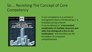 So…. Revisiting The Concept of Core
Competency
A core competency is a concept in
management theory introduced by C. K.
Pra...