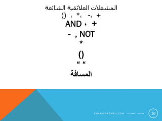 ‫الشائعة‬ ‫العالئقية‬ ‫المشغالت‬
+،-،*،)(
AND +،
- , NOT
*
)(
“ “
‫المسافة‬
16S M 4 A 0 0 0 @ G M A I L . C O M ‫ت‬ ‫ا‬ ‫ي‬ ‫ط‬ ‫ع‬ ‫ل‬ ‫ا‬ ‫ب‬ ‫ع‬ ‫ص‬ ‫م‬
 