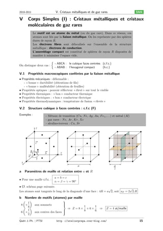 V. Cristaux m´talliques et de gaz rares
e

2010-2011

V

SM4

Corps Simples (I) : Cristaux m´talliques et cristaux
e
mol´culaires de gaz rares
e
Le motif est un atome du m´tal (ou du gaz rare). Dans ce r´seau, ces
e
e
atomes sont li´s par la liaison m´tallique. On les repr´sente par des sph`res
e
e
e
e
dures de rayon 𝑅.
Les ´lectrons libres sont d´localis´s sur l’ensemble de la structure
e
e
e
m´tallique : ´lectrons de conduction.
e
e
L’assemblage compact est constitu´ de sph`res de rayon 𝑅 dispos´es de
e
e
e
mani`re ` minimiser l’espace vide.
e a
{

On distingue deux cas :

V.1

- ABCA : le cubique faces centr´es (c.f.c.)
e
- ABAB : l’hexagonal compact
(h.c.)

Propri´t´s macroscopiques conf´r´es par la liaison m´tallique
e e
ee
e

• Propri´t´s m´caniques : d´formable :
ee
e
e
- « bonne » ductibilité (obtentions de ﬁls)
- « bonne » malléabilité (obtention de feuilles)
• Propriétés optiques : pouvoir réﬂecteur « élevé » sur tout le visible
• Propriétés thermiques : « bon » conducteur thermique
• Propriétés électriques : « bon » conducteur électrique
• Propriétés thermodynamiques : température de fusion « élevée »

V.2

Structure cubique ` faces centr´es : c.f.c (F)
a
e

Exemples :

- Métaux de transition (𝐶𝑢, 𝑁 𝑖, 𝐴𝑔, 𝐴𝑢, 𝐹 𝑒 𝛾 ,. . . ) et métal (𝐴𝑙)
- gaz rares : 𝑁 𝑒, 𝐴𝑟, 𝐾𝑟, 𝑋𝑒
- alcalino-terreux : 𝐶𝑎, 𝑆𝑟

z

c
β
a

α

b

y

γ

x
a

a

a

2

Param`tres de maille et relation entre 𝑎 et 𝑅
e

• Pour une maille c.f.c. :

𝑎= 𝑏= 𝑐
𝛼 = 𝛽 = 𝛾 = 90∘

• Cf. schéma page suivante.

√
√
Les atomes sont tangents le long de la diagonale d’une face : 4𝑅 = 𝑎 2, soit 𝑎 𝐹 = 2 2.𝑅

b

Nombre de motifs (atomes) par maille

(

)
1
8 ×
aux sommets
( 8)
1
6 ×
aux centres des faces
2

Qadri J.-Ph. ∣ PTSI

⎫


⎬


⎭

⇒ 𝑍 =8×

1
1
+6×
8
6

⇒

http ://atelierprepa.over-blog.com/

𝑍 = 4 at/maille

15

 